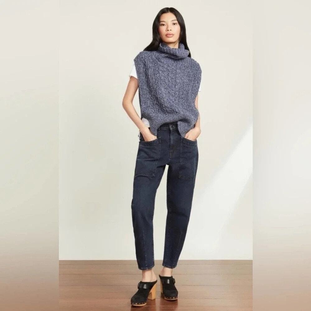 Veronica Beard Collina Sweater Vest Blue Cable Knit Wool Silk Turtleneck M/L - Picture 2 of 10